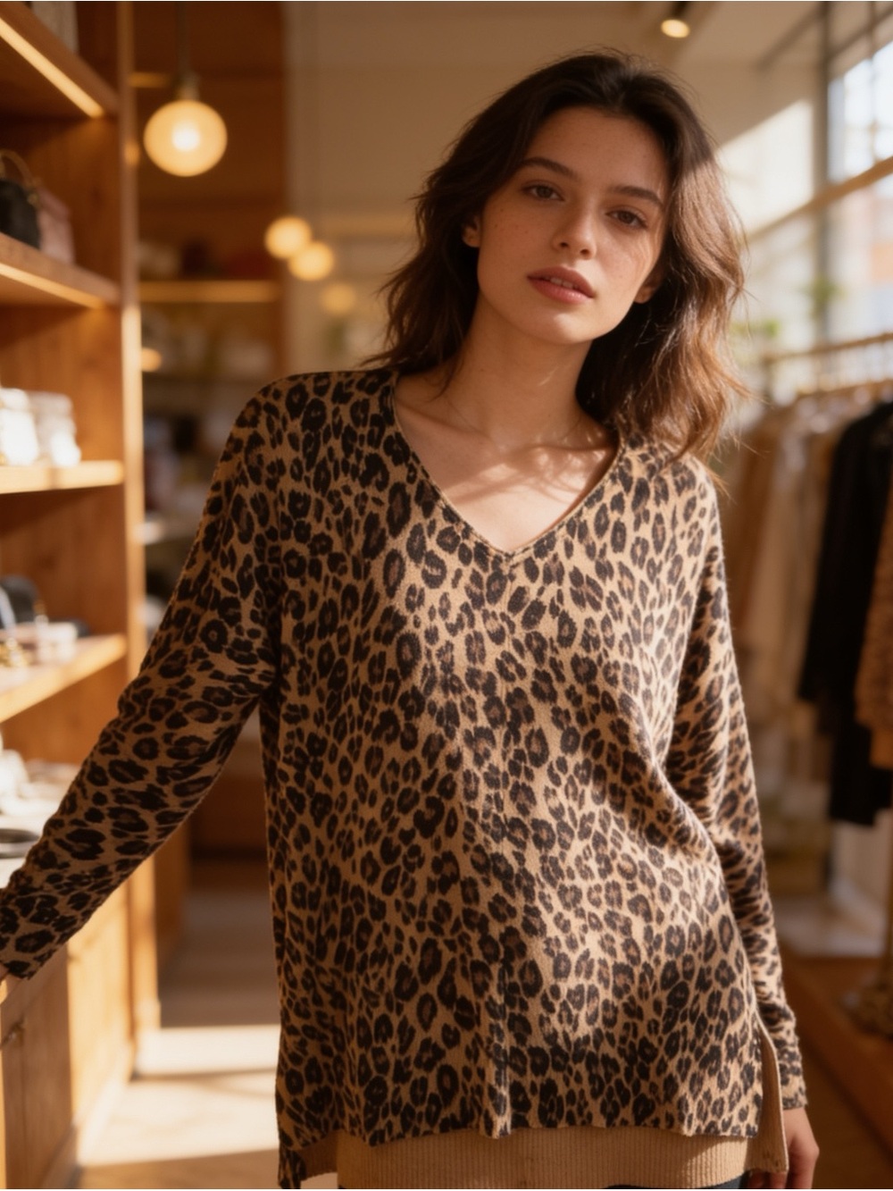 Chico's Leopard-Print V-Neck Sweater in Brown and Black-size 1 (8-10)